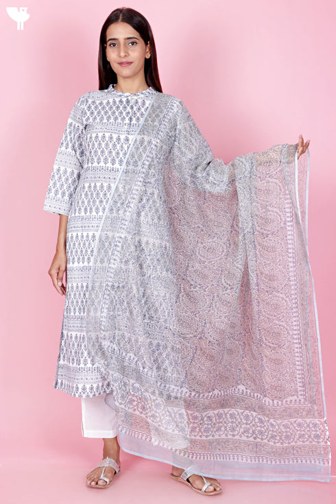 Kota Doria Dupatta In Floral Block Print